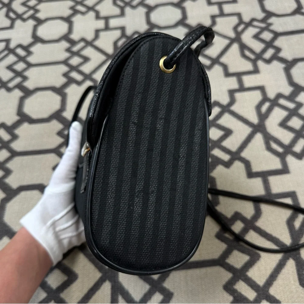 Fendi Vintage Striped Pequin Black Canvas Leather Small Mini Crossbody Bag Purse - Picture 7 of 17